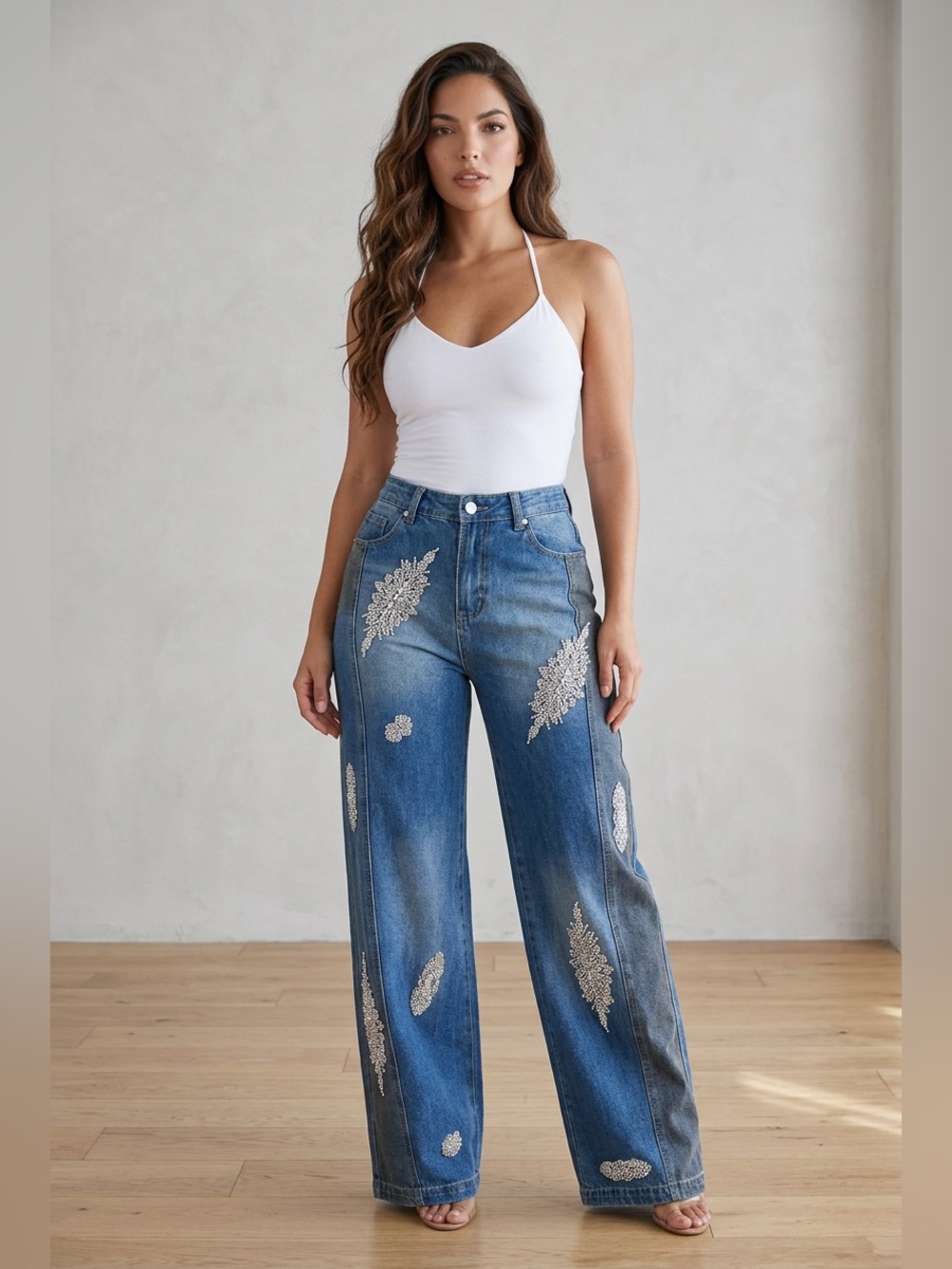 Upcycled Blue Embellished rhinestone barrel like Wide-Leg Jeans size S